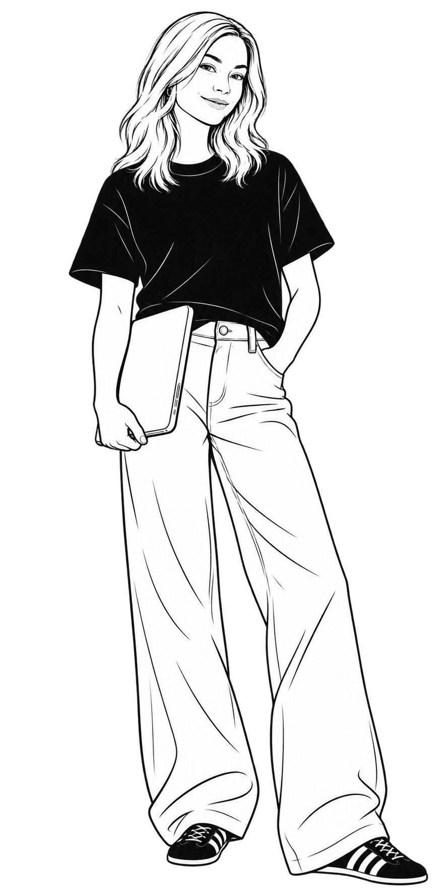 Ink portrait of Johanna with a laptop, in a black T-shirt and wide-leg trousers
